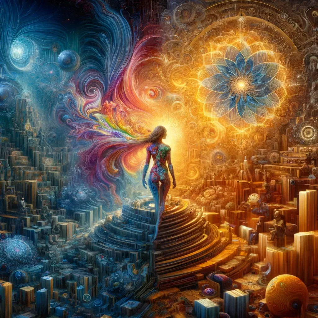 A woman of rainbow light climbs a spiral stair towards a glowing flower in the sky.