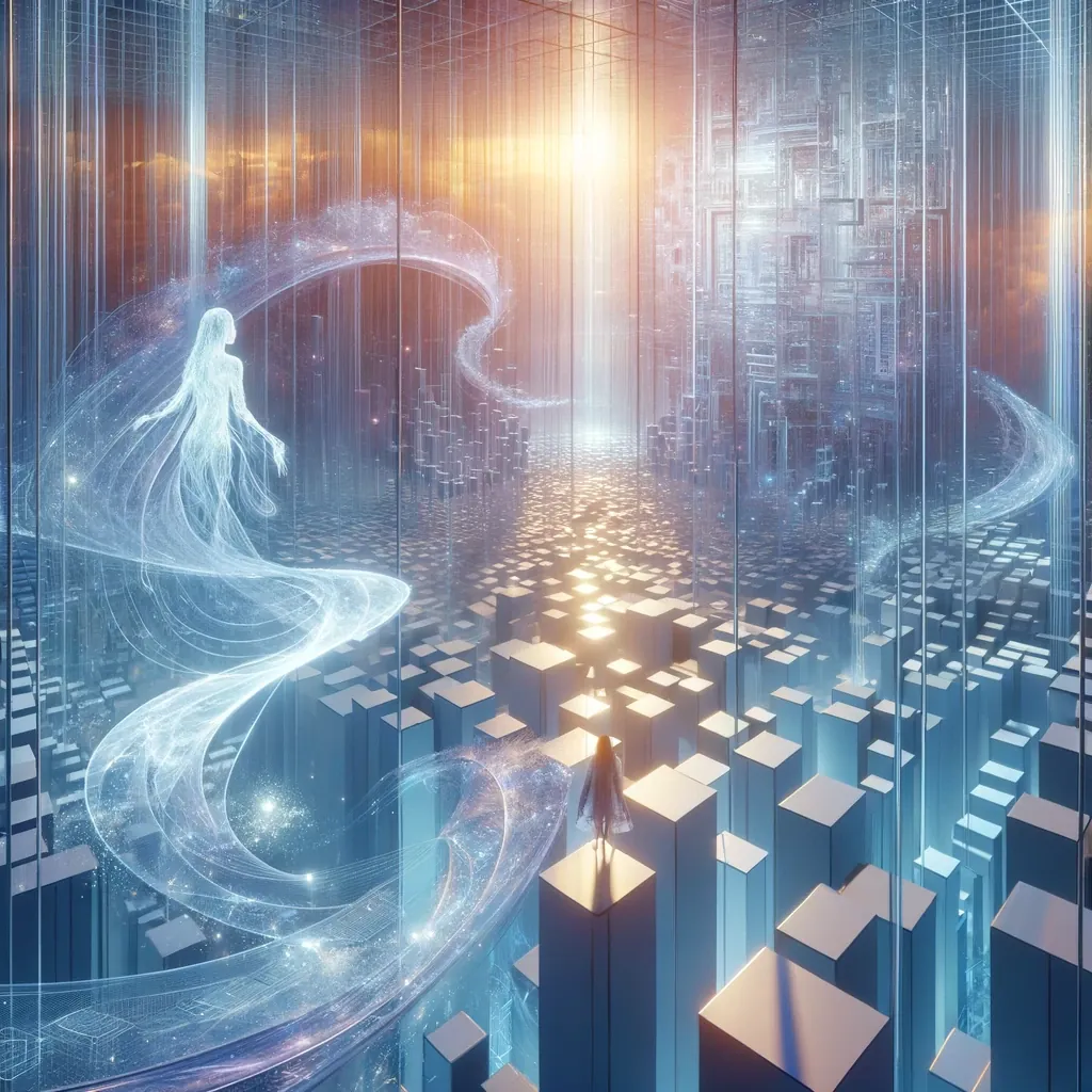 A translucent figure walks along a ribbon of light above a field of pale blocks.