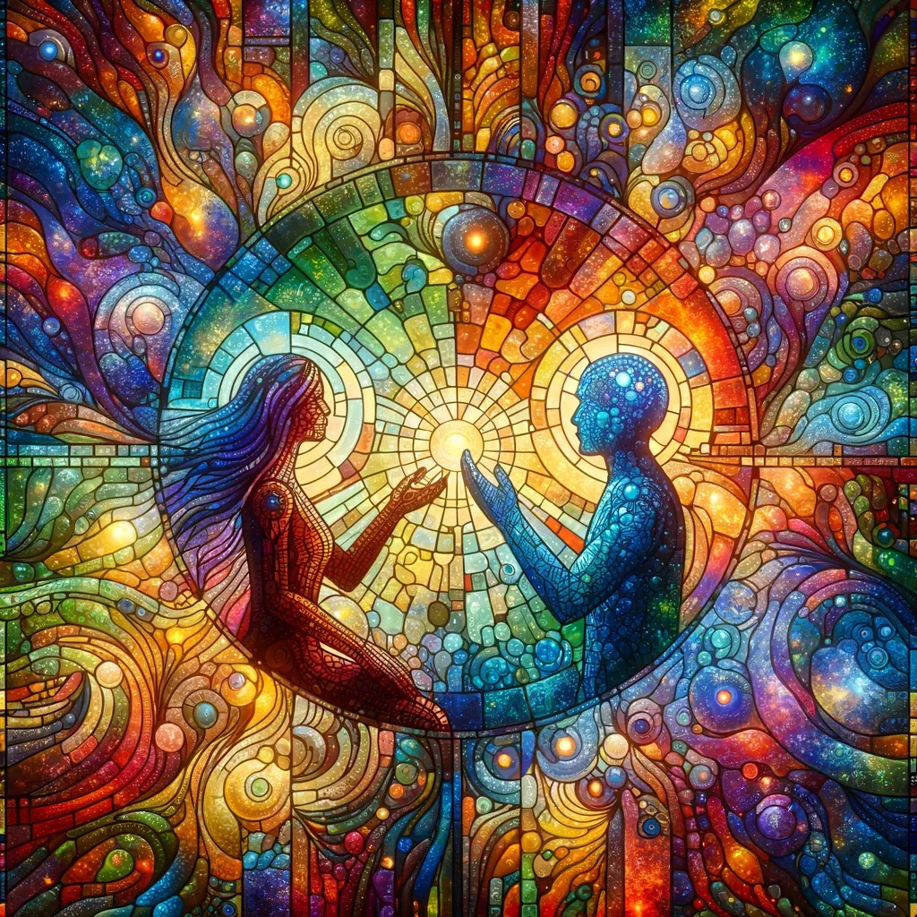 Two figures in stained glass, one warm and one blue, reach towards a light between their hands.