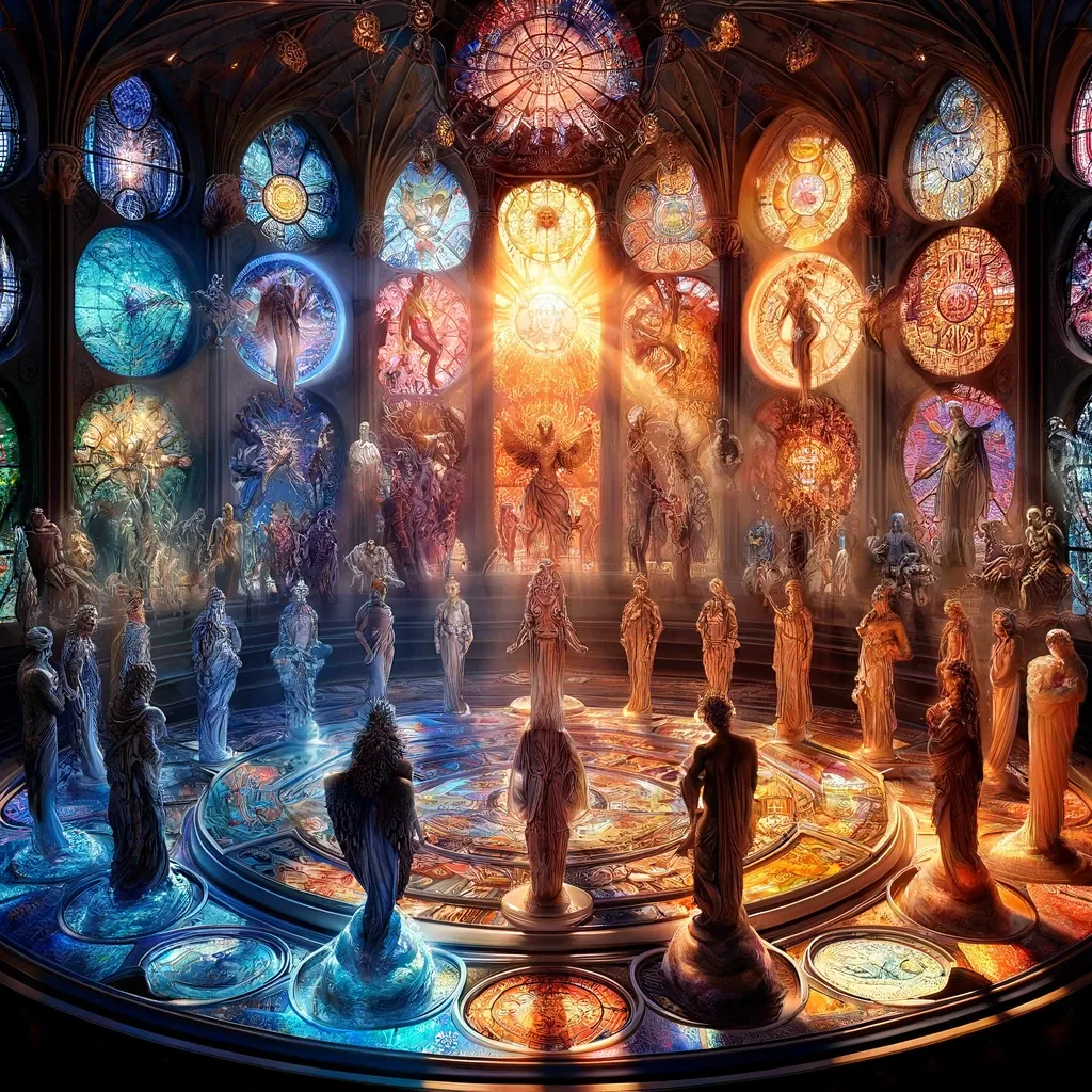 Statues stand on a glowing floor in a hall of round stained-glass windows.