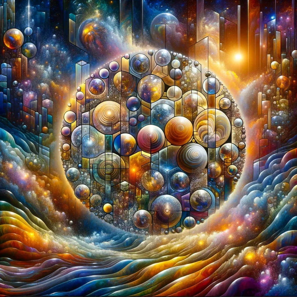 A great sphere of glass bubbles and panels rises over waves of colour.