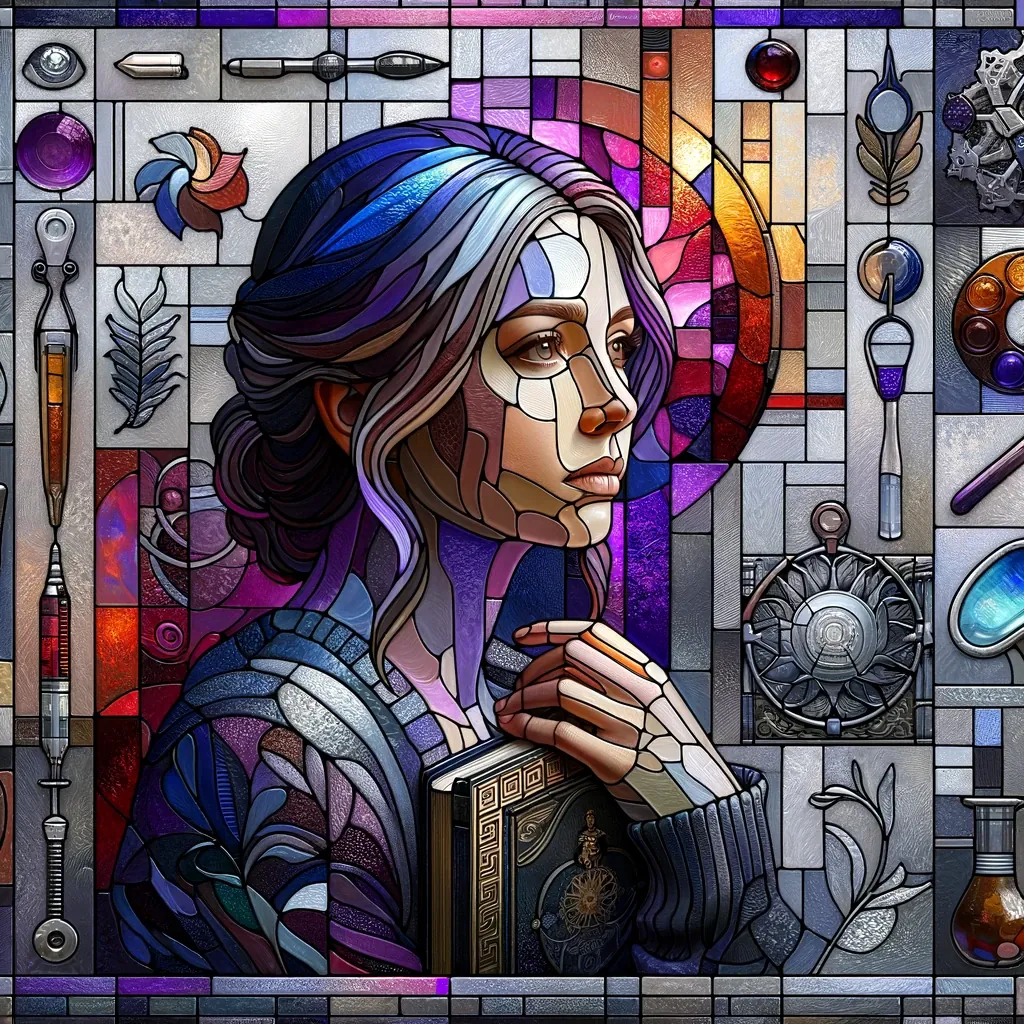 A woman in stained glass holds a book, framed by panes of tools and leaves.