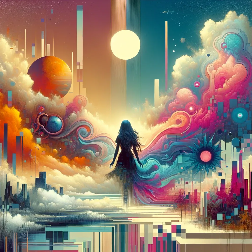 A figure in silhouette walks through clouds of pink and teal under a pale moon.