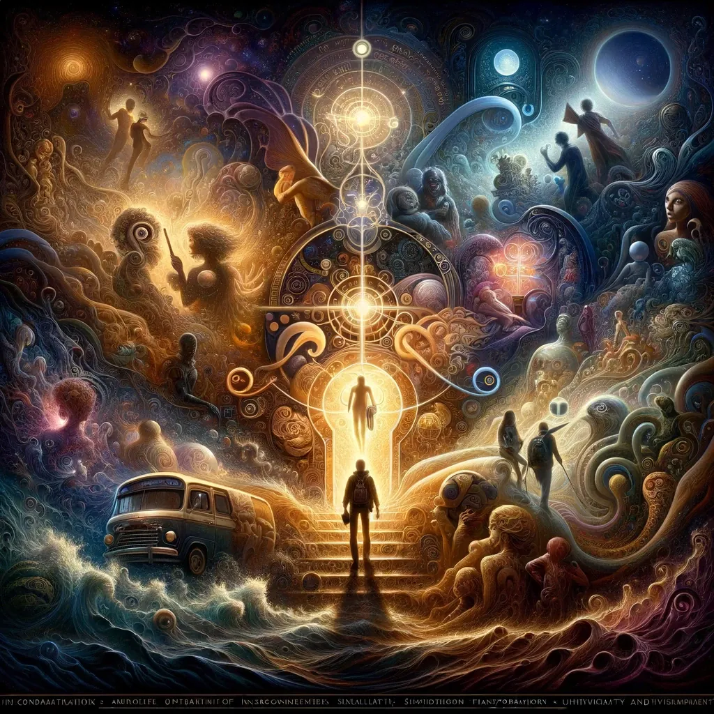 A figure stands before a glowing doorway, among shadowy figures and swirling clouds.