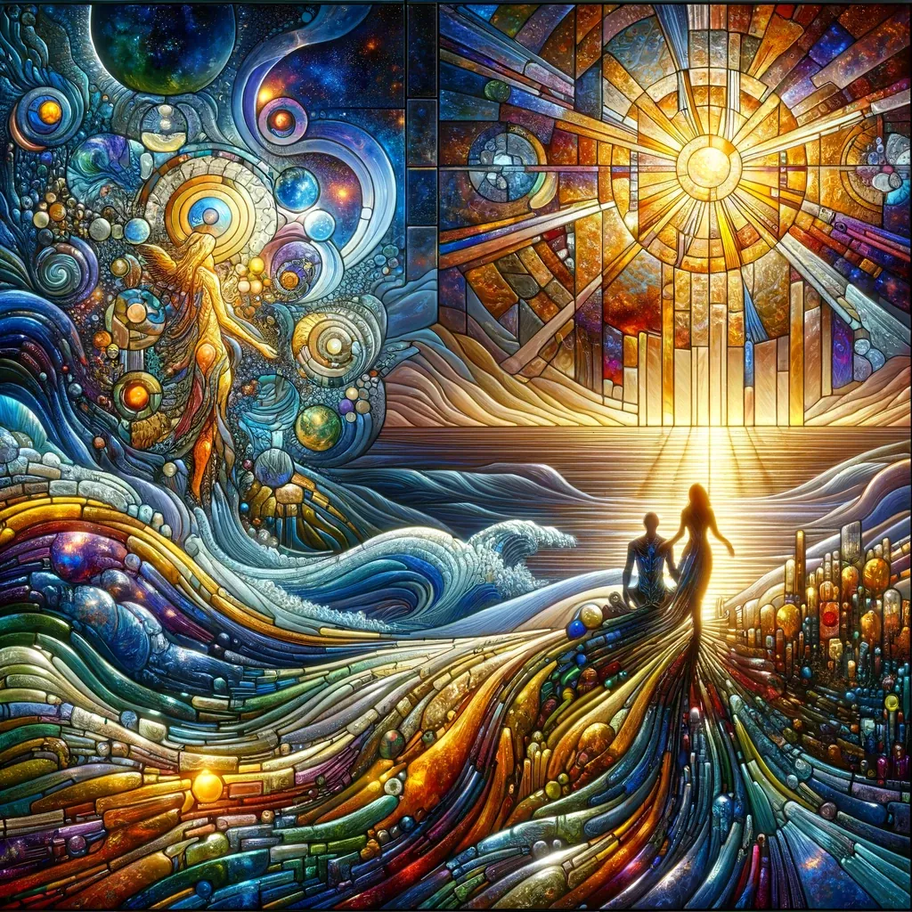 A stained-glass scene of two figures walking towards a bright sun over waves of colour.