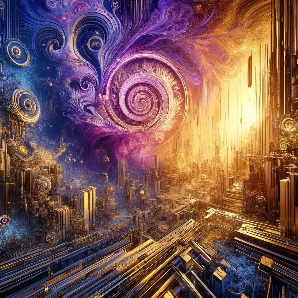 A purple and gold spiral swirls above a city of tall golden towers.