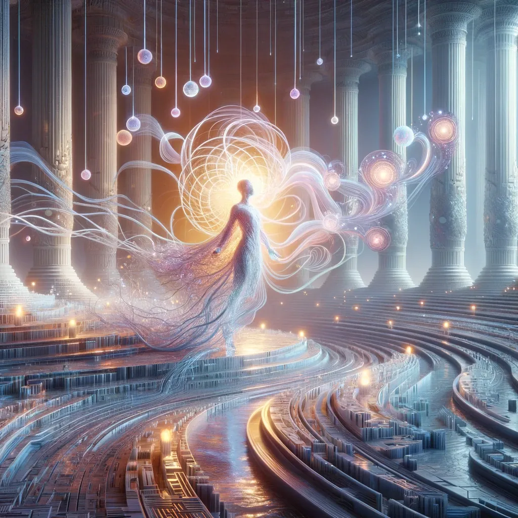 A figure of white light and flowing ribbons stands in a hall of columns and curving steps.