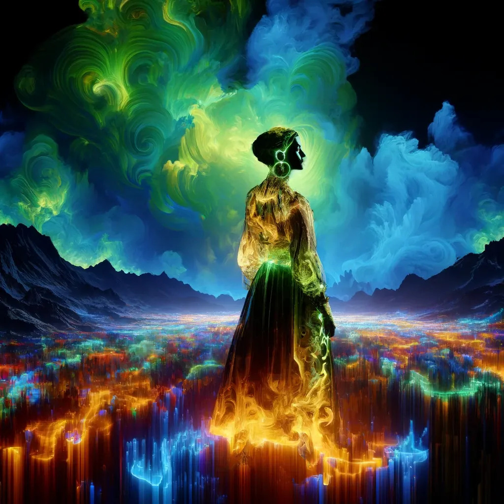 A woman in a long robe of golden light stands above a glowing landscape under green and blue skies.