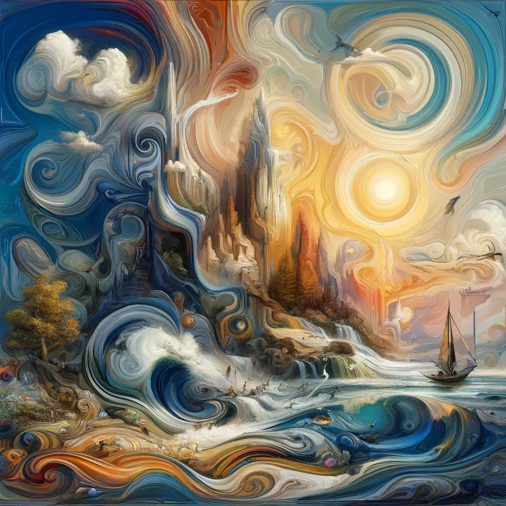Swirling waves and clouds around tall rock spires, with a small sailing boat and a pale sun.
