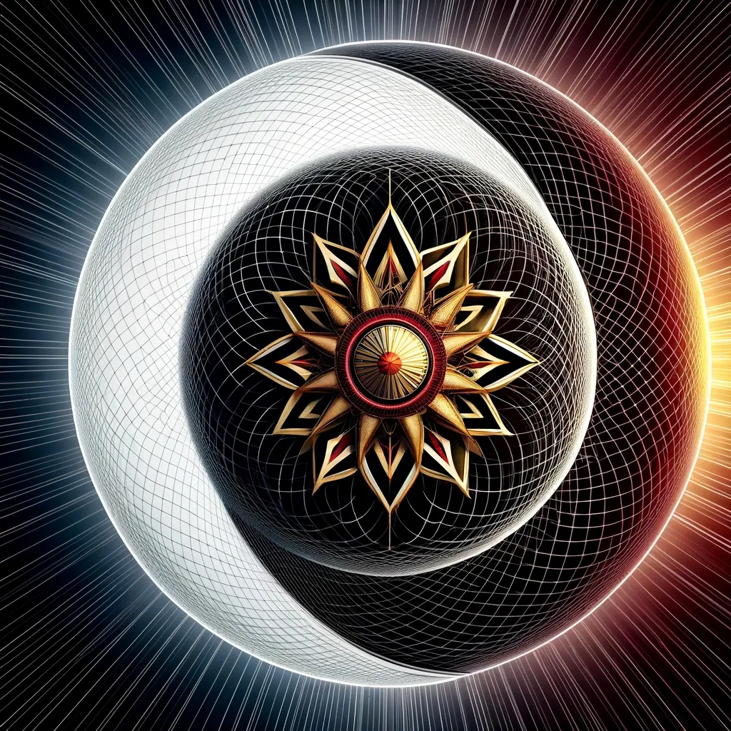 A gold eight-pointed star inside a dark sphere, ringed by a bright white crescent and fine lines.