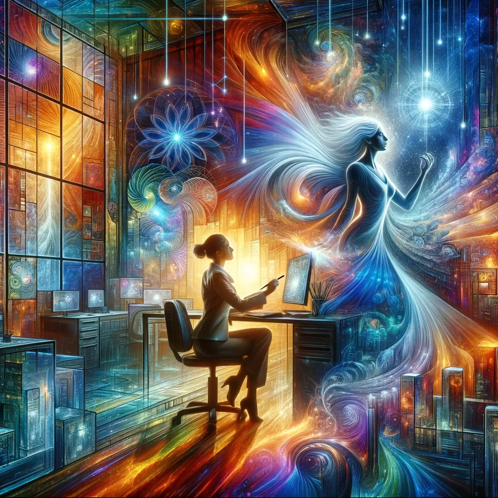 A woman works at a computer in a lit office as a winged figure of light rises beside her.