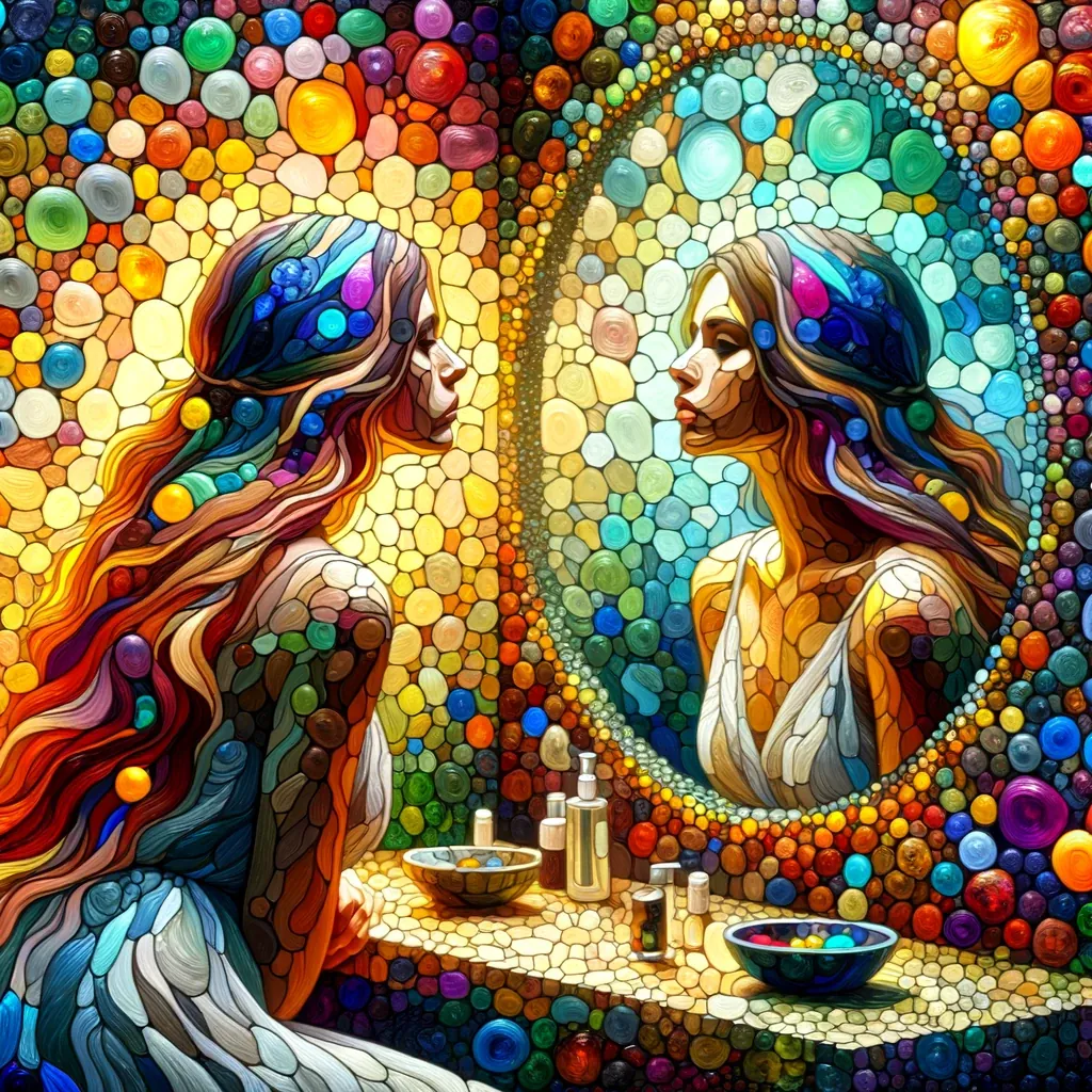 In a mosaic of glass beads, a woman looks at her reflection in an oval mirror.