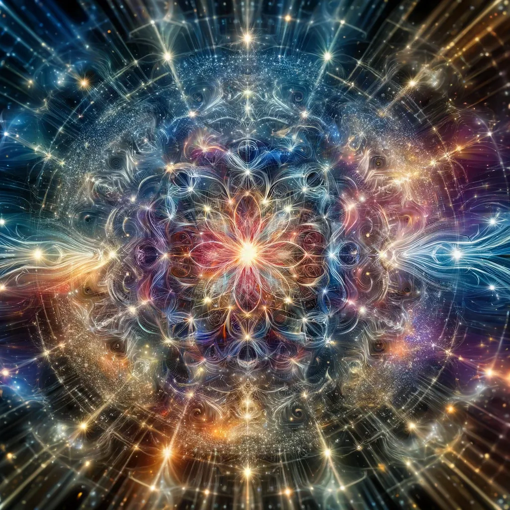 A radiant mandala of light and colour bursts outwards against a starry dark.