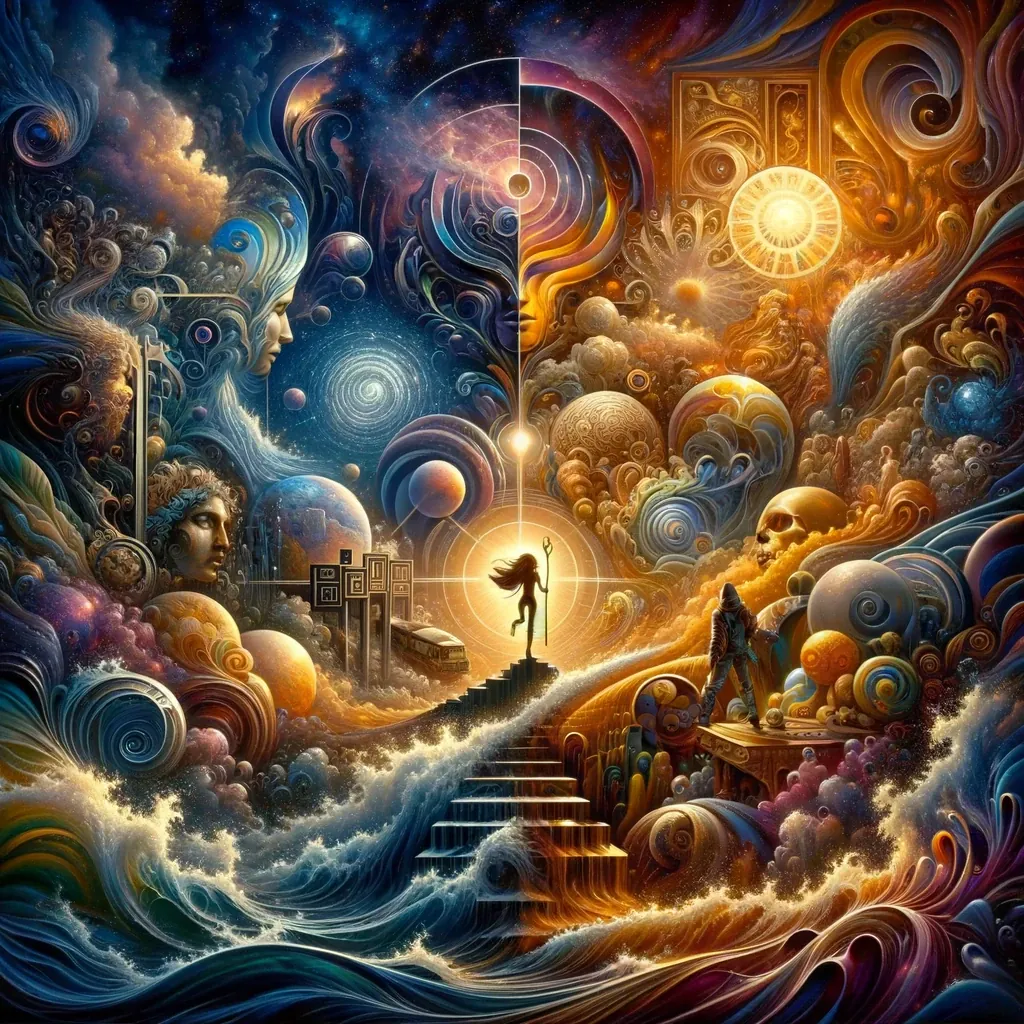A small figure on a stair between two swirling worlds, one cool and one golden.