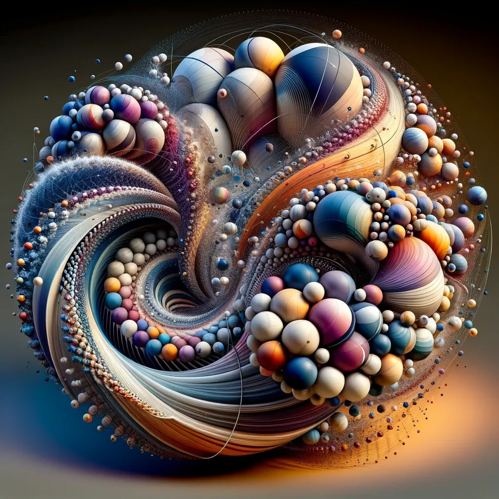 A spiral of pearls and spheres of many sizes curls in on itself.