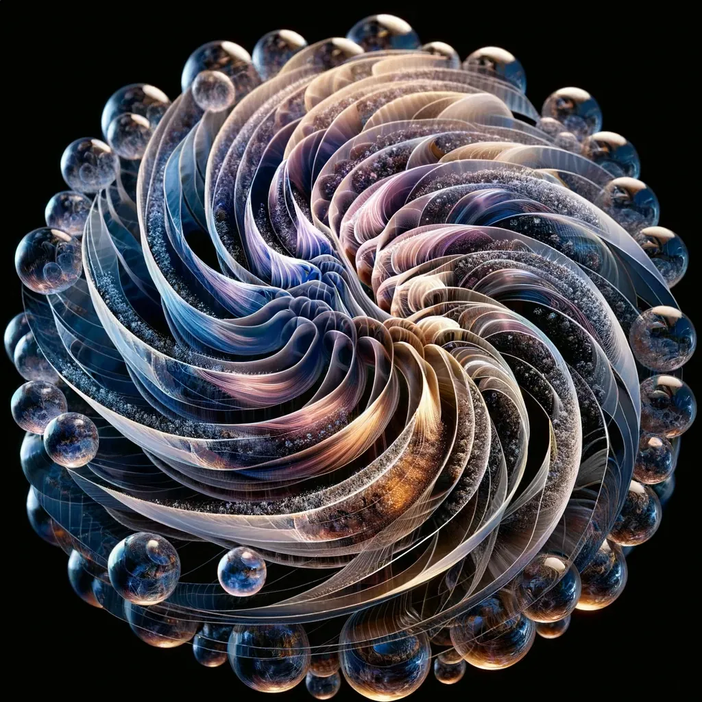 A spiral of translucent petals ringed by glass bubbles, on black.