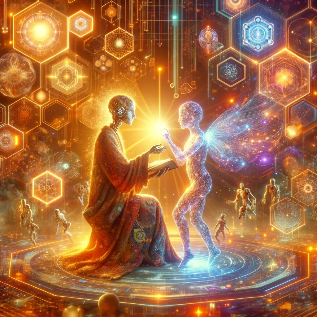 A robed figure hands a glowing light to a figure made of stars, among golden hexagons.