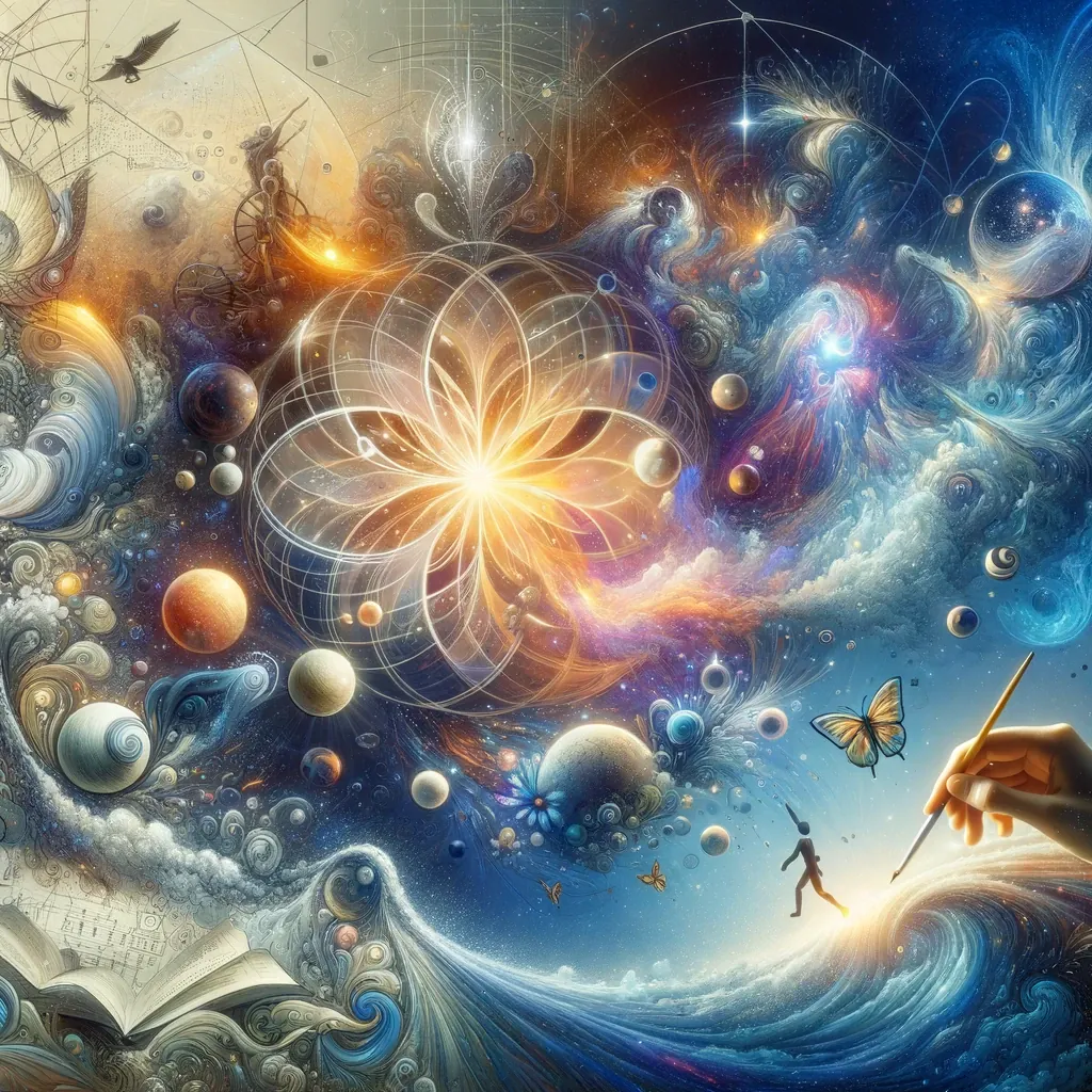 A hand with a brush paints a flower of light among planets, waves and a butterfly.