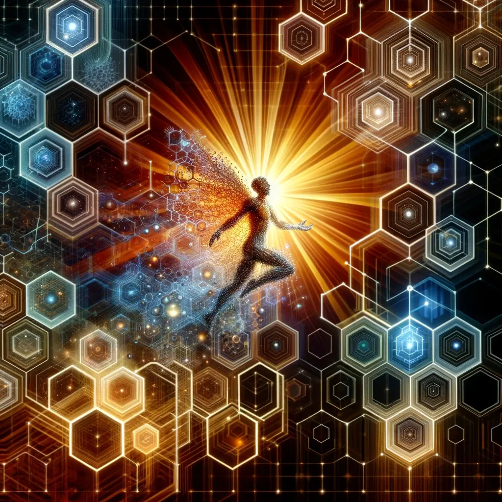 A figure leaps from a burst of golden light among glowing hexagons.