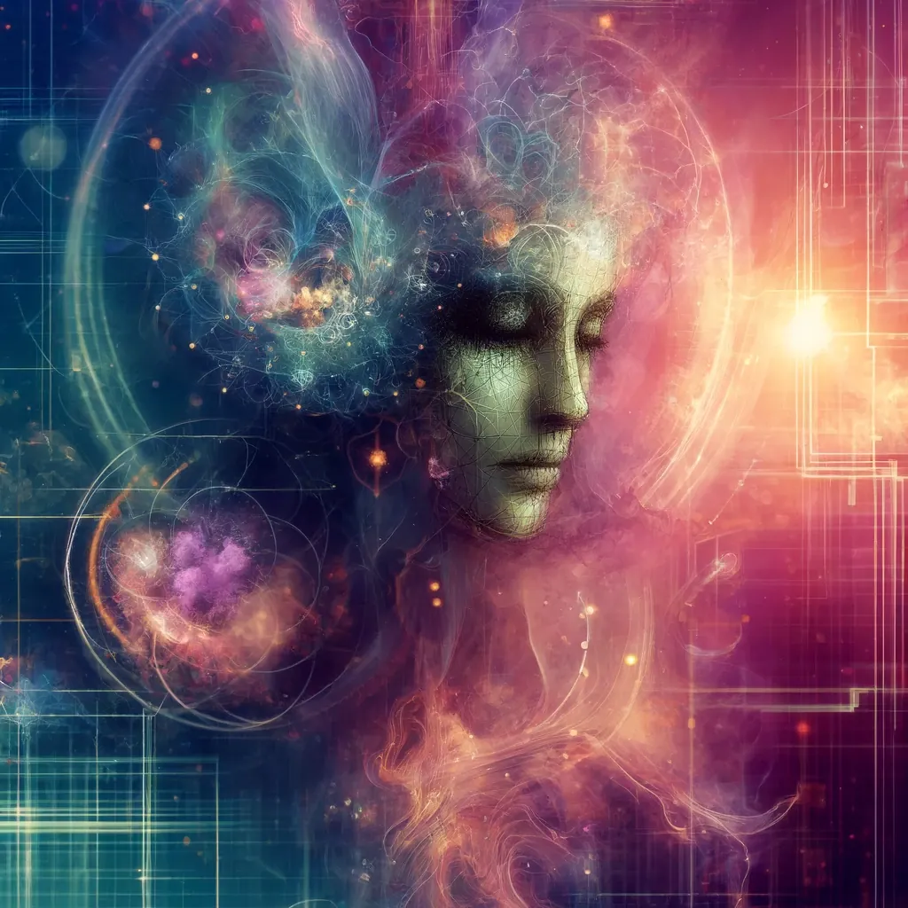A woman's face with closed eyes, made of nebula clouds and light.