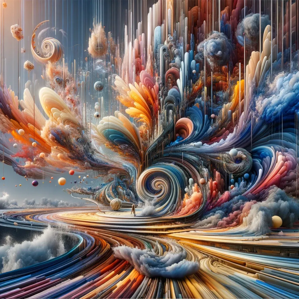 A tiny figure stands among vast swirls of coloured cloud, spirals and floating spheres.