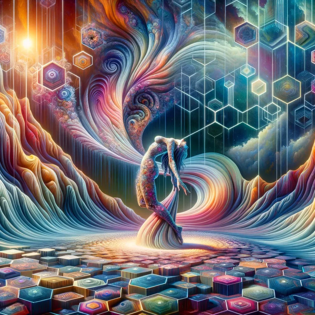 A dancer bends backwards on a swirl of colour above a floor of hexagonal tiles.